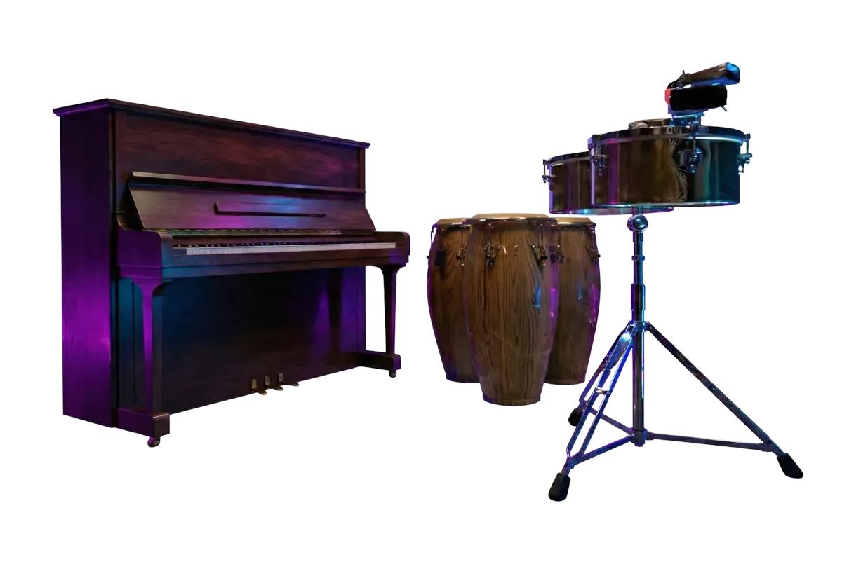 A collage consisting of an upright piano, a set of conga drums, and timbales.